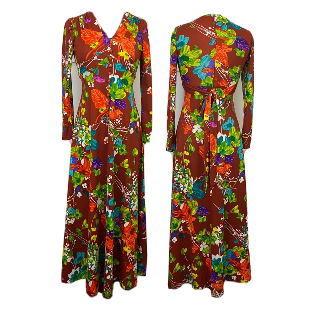 True Vintage Gina Rinaldi Floral Dress Long Length Vtg Maxi Dress 1960s 1970s